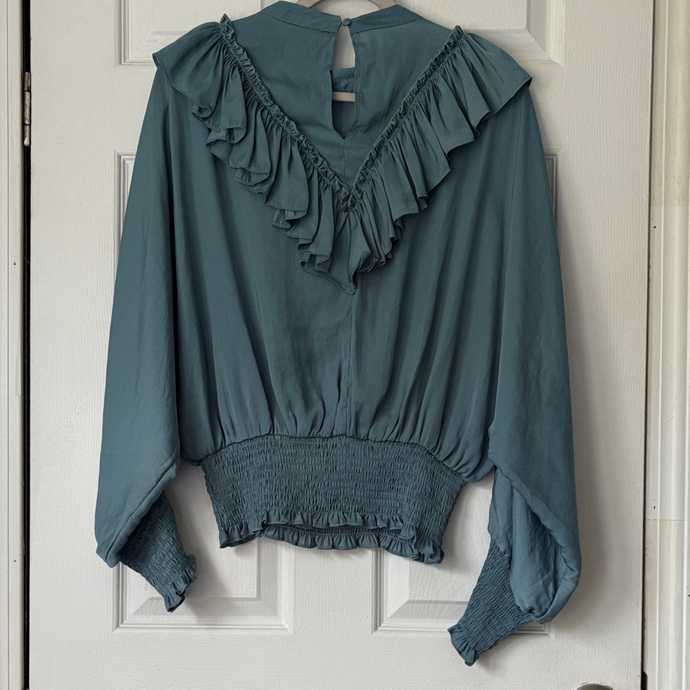 Glam Women’s Teal V Ruffled Blouse - Picture 7 of 9